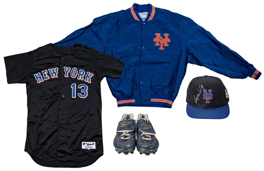 Lot of (4) Edgardo Alfonzo Game Used & Signed New York Mets Batting Practice Jersey, Dugout Jacket, Cleats & Cap (Beckett) 